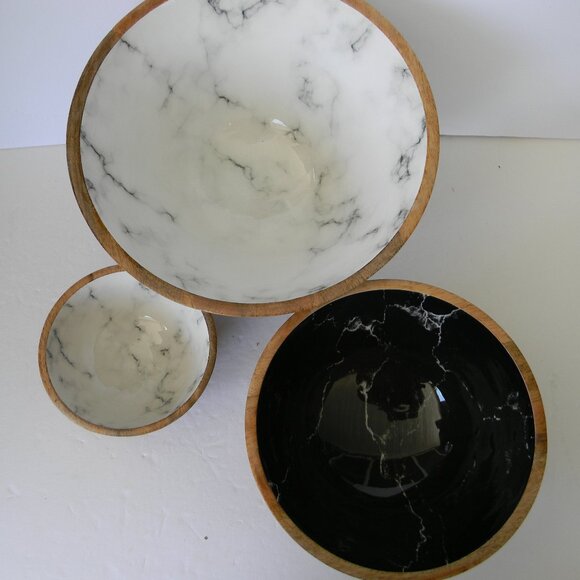 NEW Temp-tations x Alberti Set of (3) Mango Wood Bowls MARBLE STACKING SERVING. - Picture 2 of 4